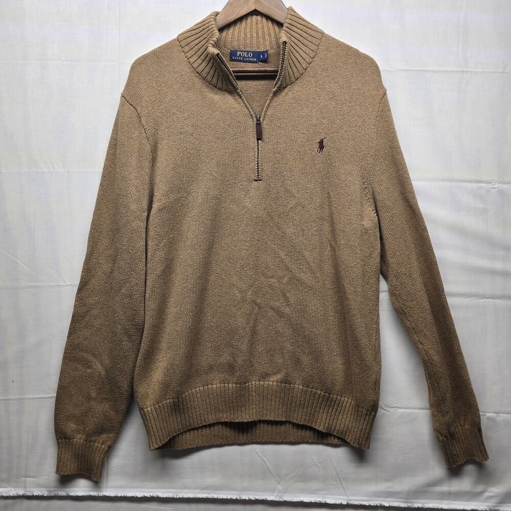 Polo Ralph Lauren Sweater Mens Large Beige 1/4 Zip Mock Neck Pullover Cotton